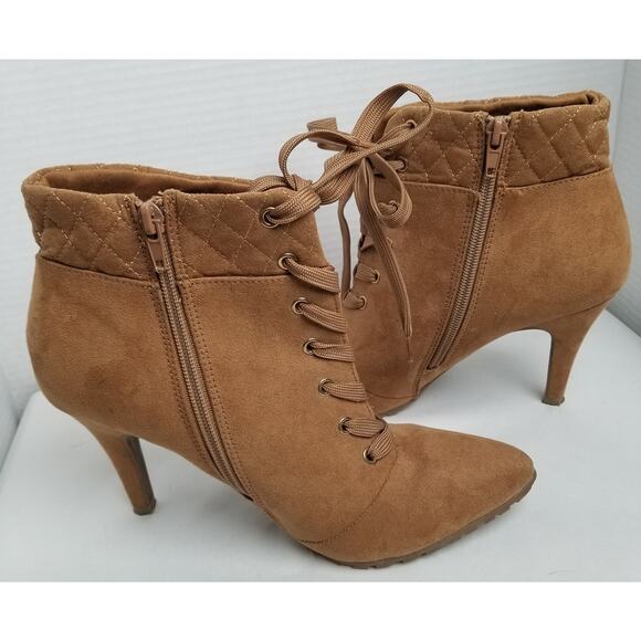 Me Too "Francis" Tan Suede Lace Up Zipper 3 1/2 in Heel Ankle Boot Size 8.5M -PO - Picture 2 of 12
